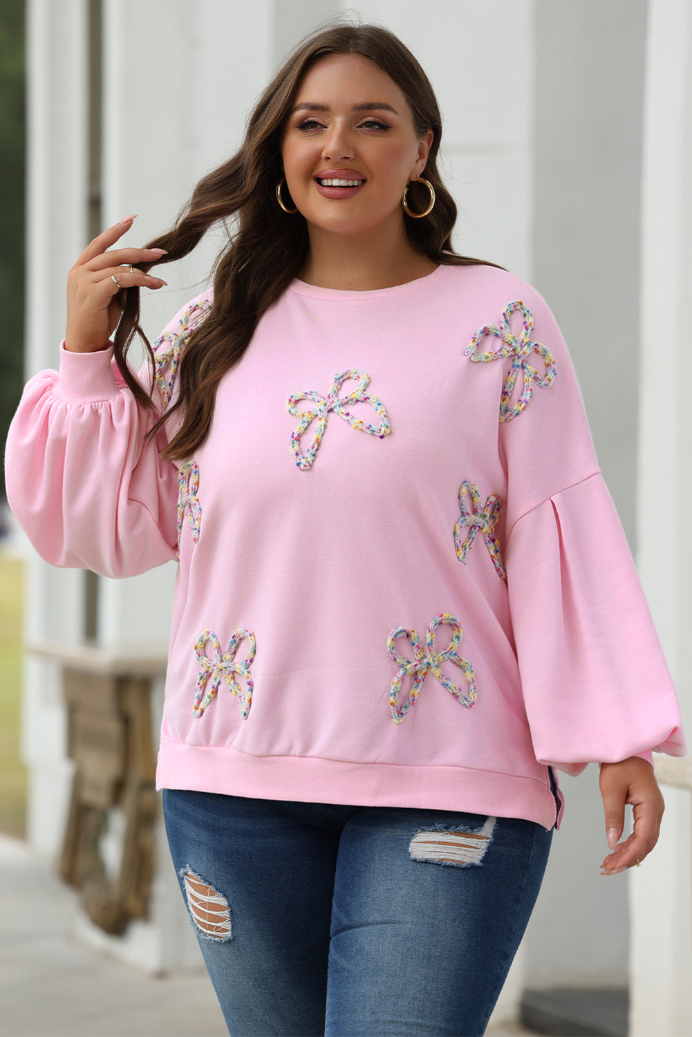 Light Pink Embroidered Bow Lantern Sleeve Oversized Pullover Sweatshirt - Tops/Sweatshirts & Hoodies