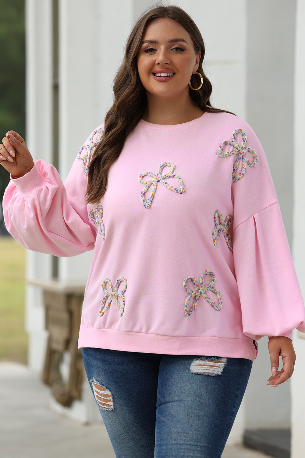 Light Pink Embroidered Bow Lantern Sleeve Oversized Pullover Sweatshirt - Tops/Sweatshirts & Hoodies