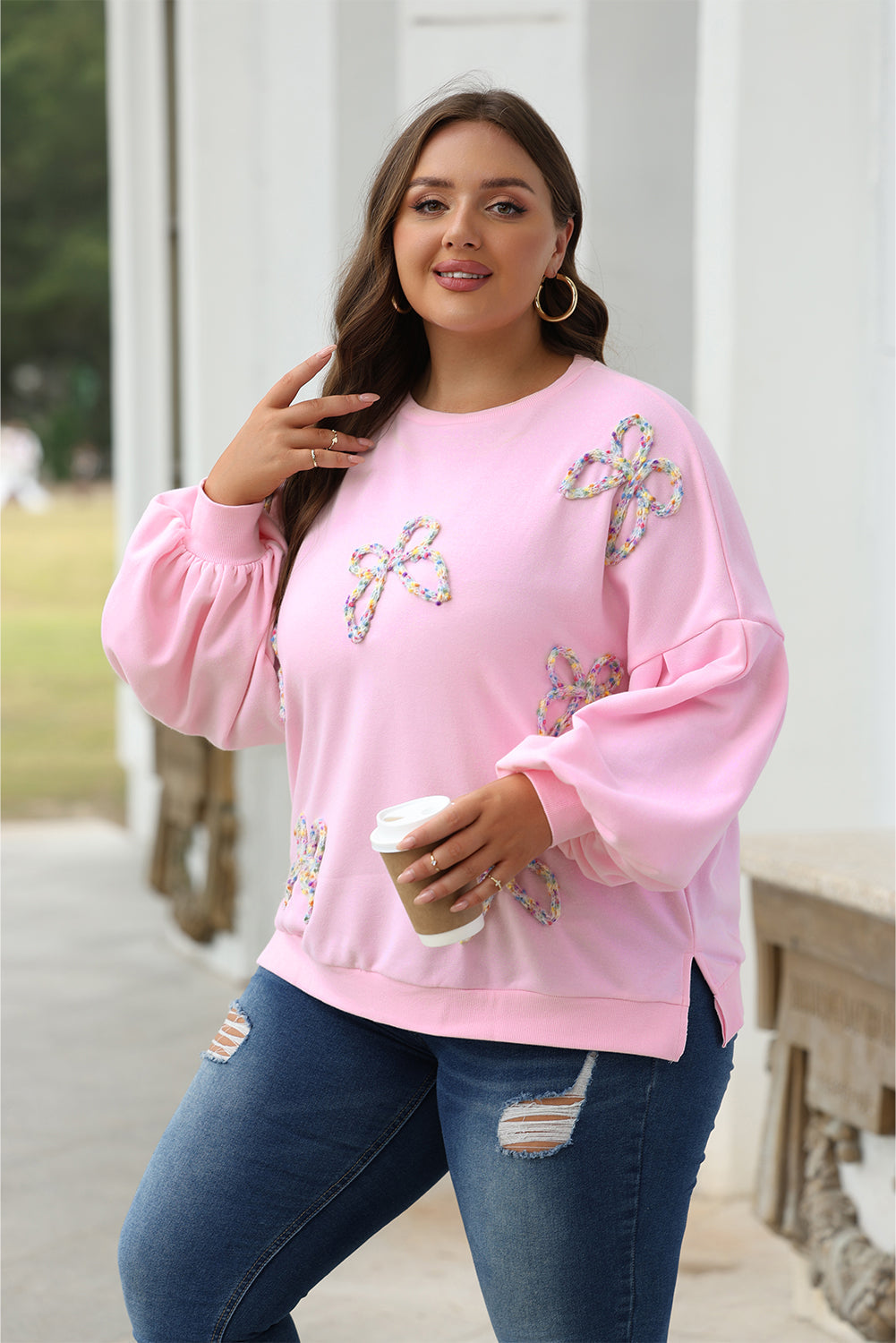 Light Pink Embroidered Bow Lantern Sleeve Oversized Pullover Sweatshirt - Tops/Sweatshirts & Hoodies