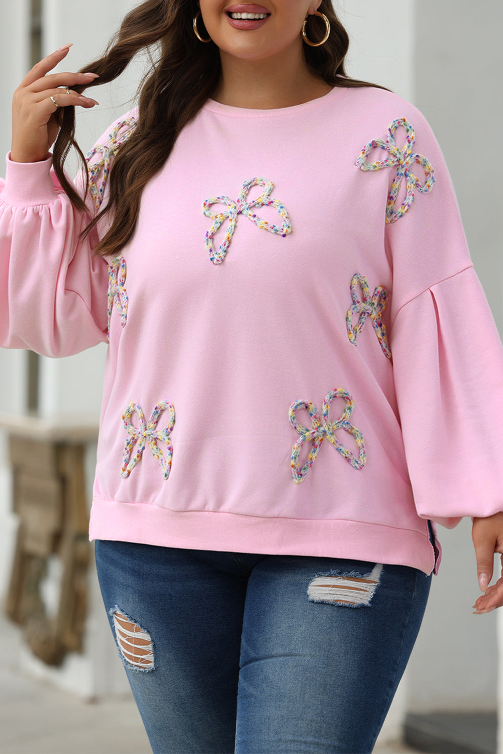 Light Pink Embroidered Bow Lantern Sleeve Oversized Pullover Sweatshirt - Tops/Sweatshirts & Hoodies
