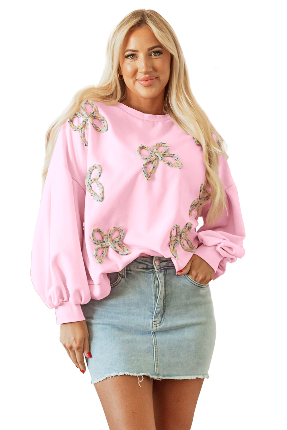 Light Pink Embroidered Bow Lantern Sleeve Oversized Pullover Sweatshirt - Tops/Sweatshirts & Hoodies