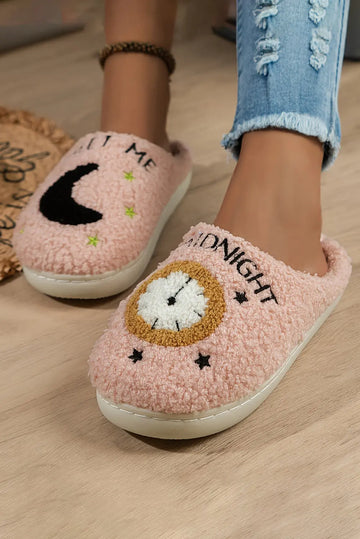Light Pink Moon & Clock Pattern Fuzzy Home Slippers Beagle Boutique Fashion Outlet