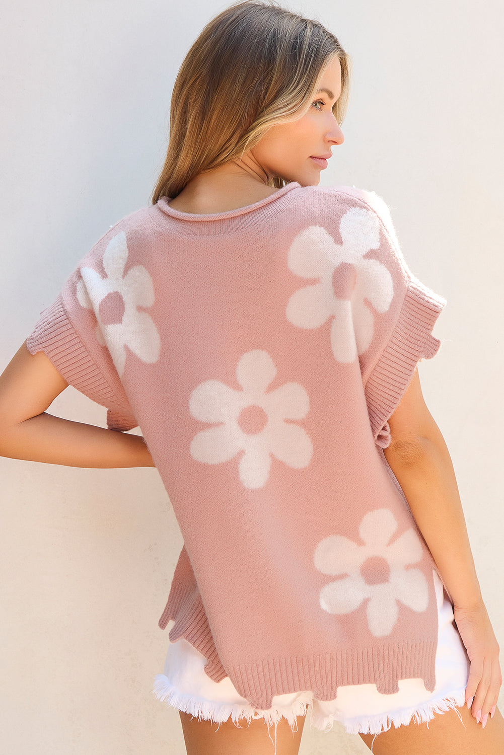 Light Pink Pearled Flower Distressed Edge Sweater T Shirt - eAura