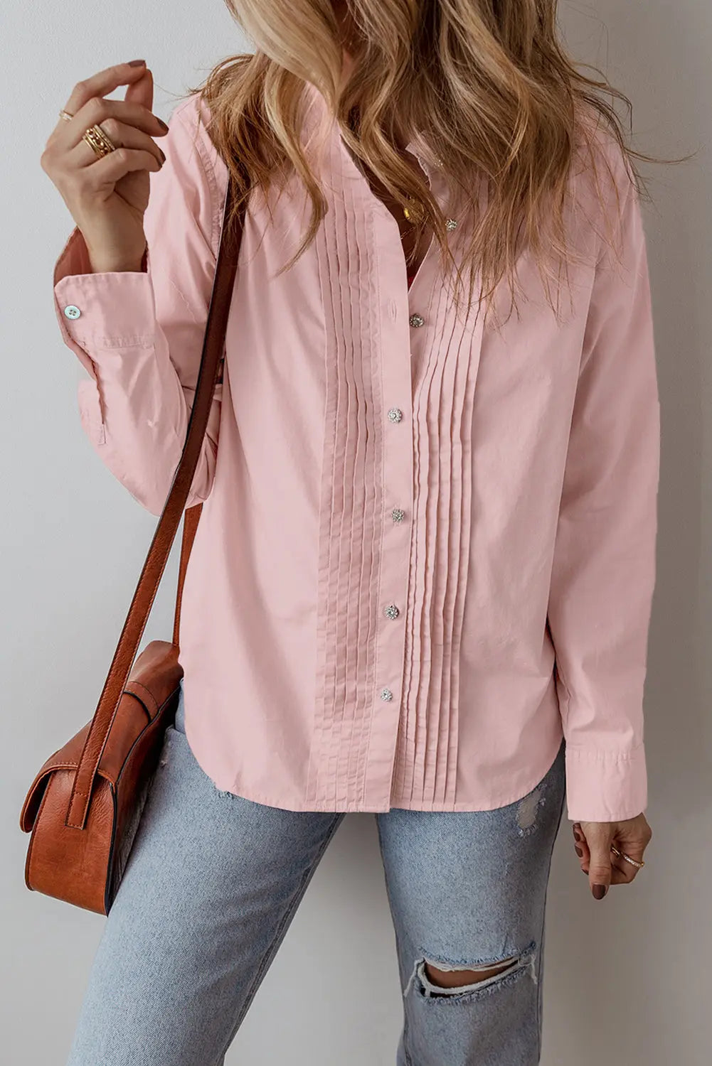 Light Pink Pleated Button-Up Loose Fit Casual Shirt - eAura