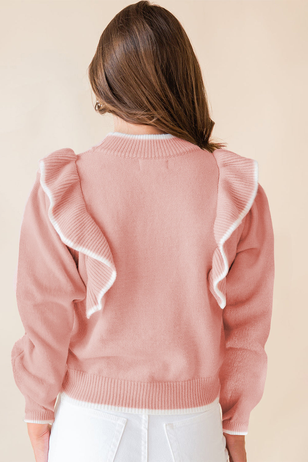 Light Pink Ruffled Bowknot Ribbed Trim Long Sleeve Sweater - eAura