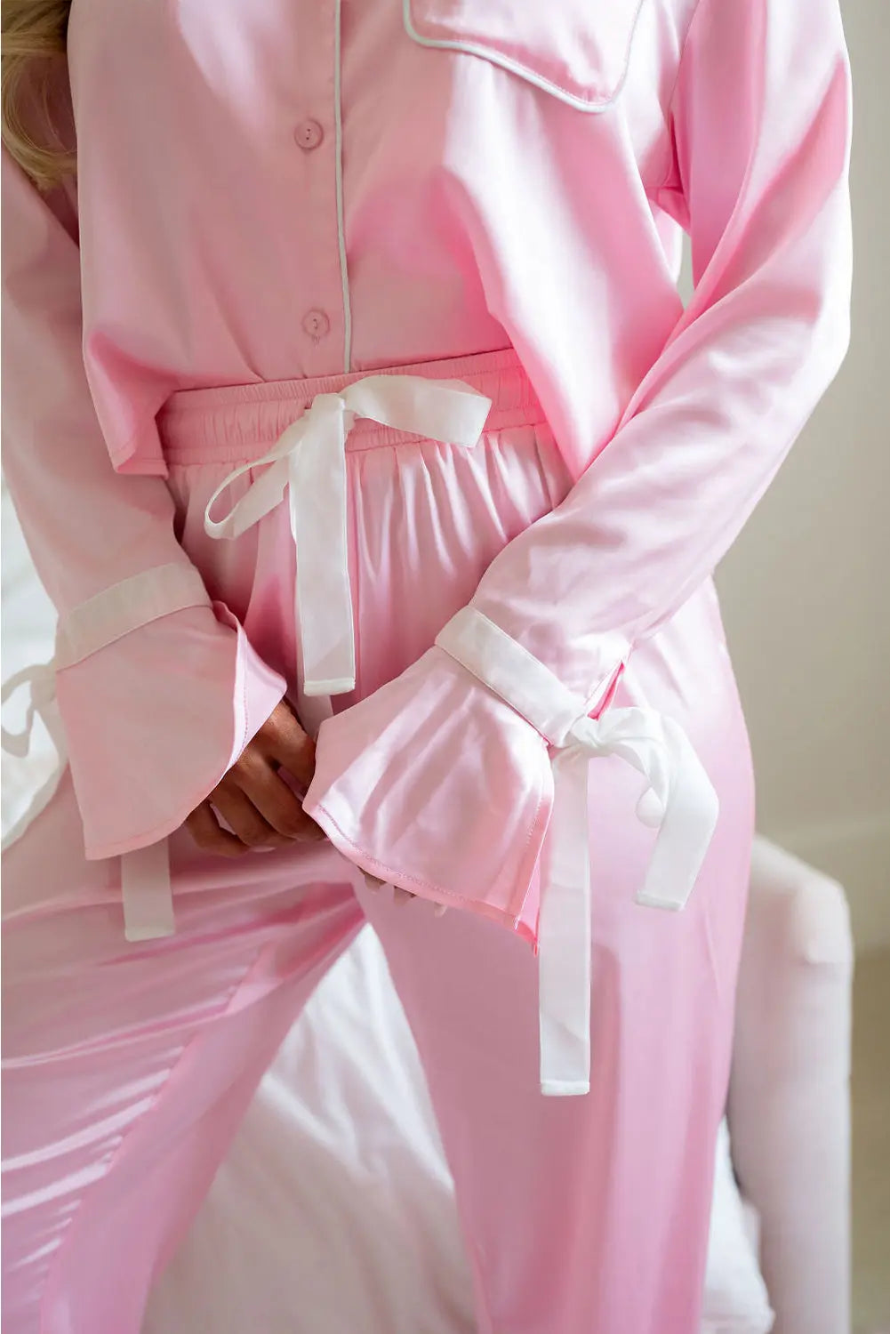 Light Pink Satin Knot Accent Shirt and Ruffled Trousers Pyjamas eAura