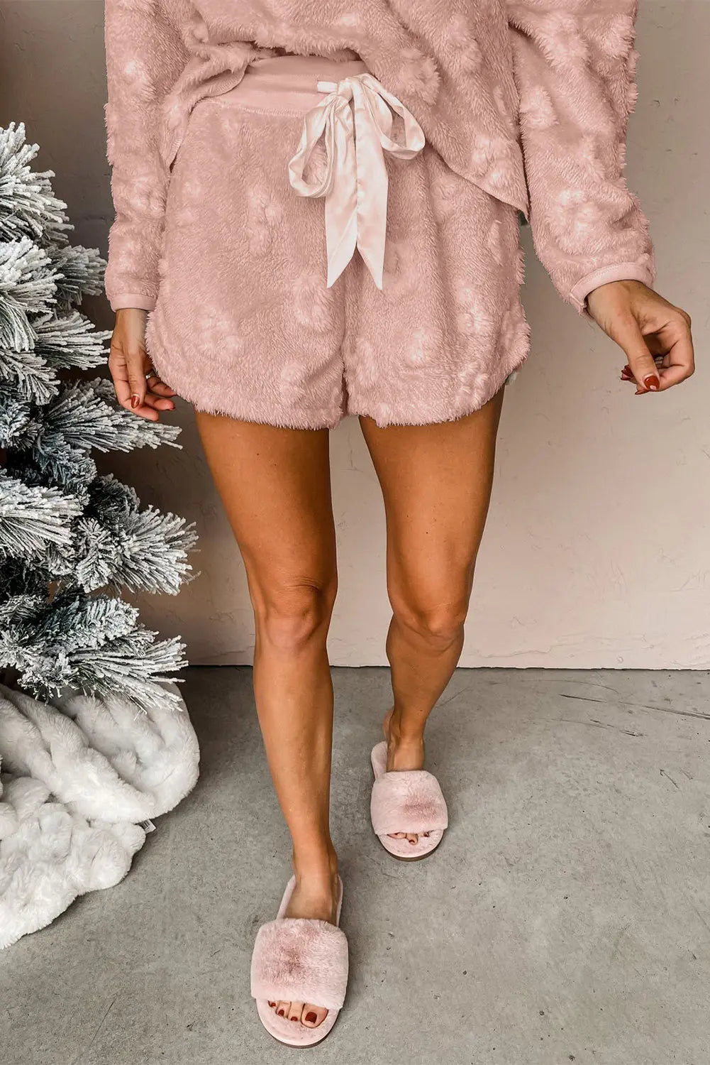Light Pink Textured Leopard Fleece Loose Two Piece Pyjamas - eAura