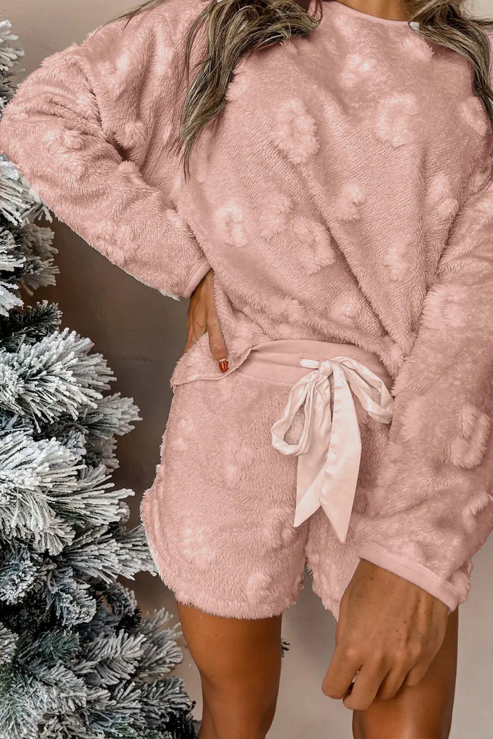 Light Pink Textured Leopard Fleece Loose Two Piece Pyjamas - eAura