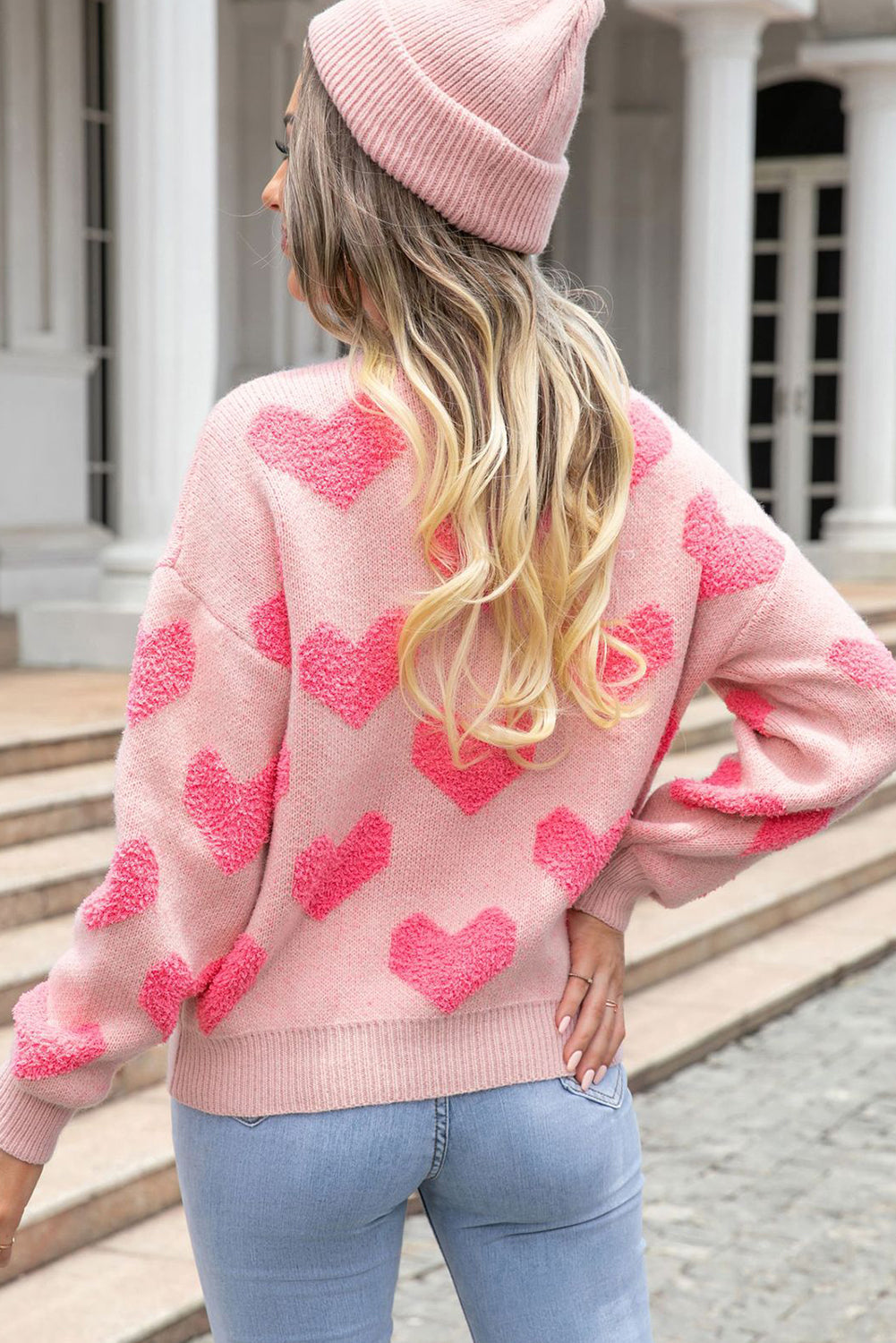 Light Pink Valentine's Day Heart Jacquard Knit Sweater - eAura