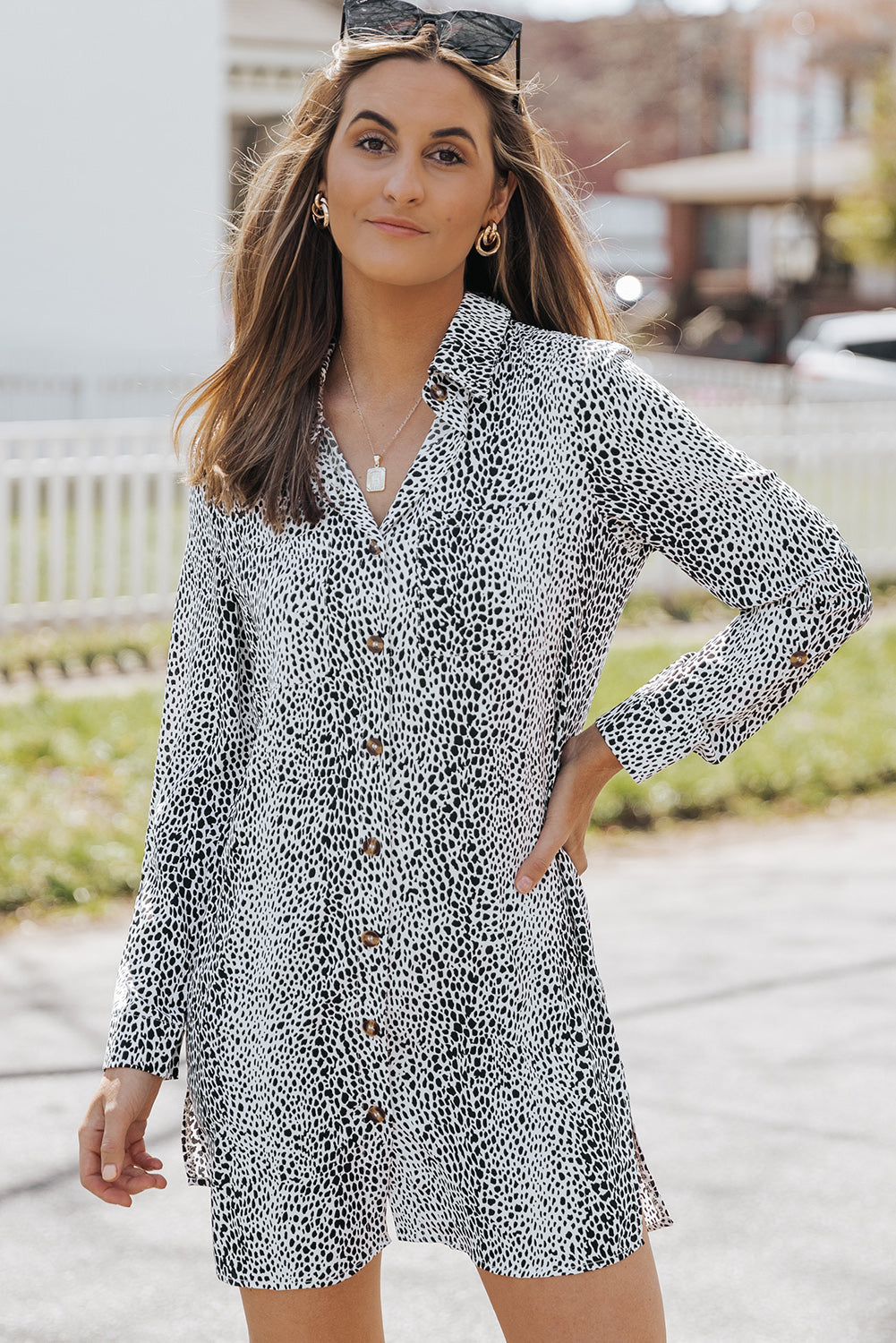 Long Sleeve Leopard Animal Print Shirt Dress - eAura
