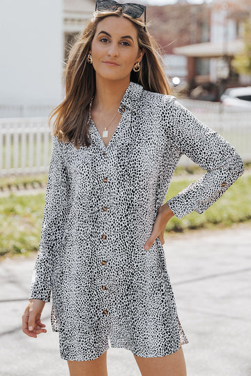 Long Sleeve Leopard Animal Print Shirt Dress - eAura