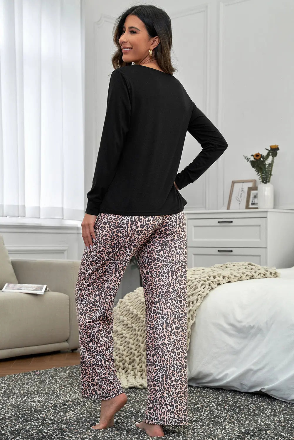 Long Sleeve Top and Leopard Print Trousers Lounge Set eAura