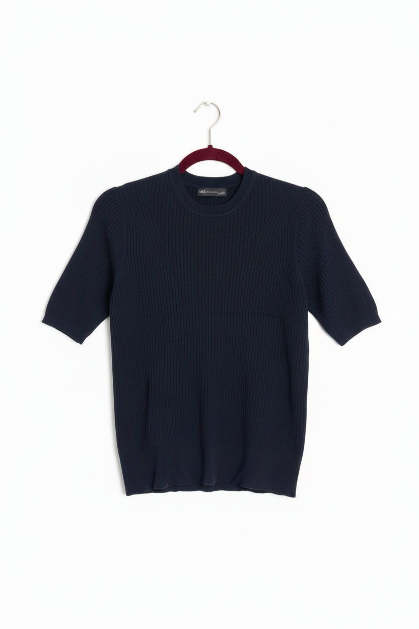 Ex. M&S Navy Rib short Sleeve Sweater Size L (12 - 14) - eAura