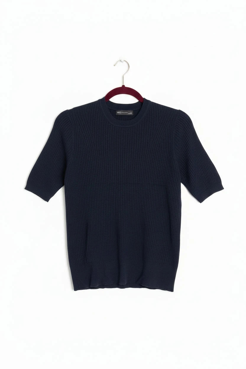 Ex. M&S Navy Rib short Sleeve Sweater Size L (12 - 14) - Sweaters & Cardigans/Short