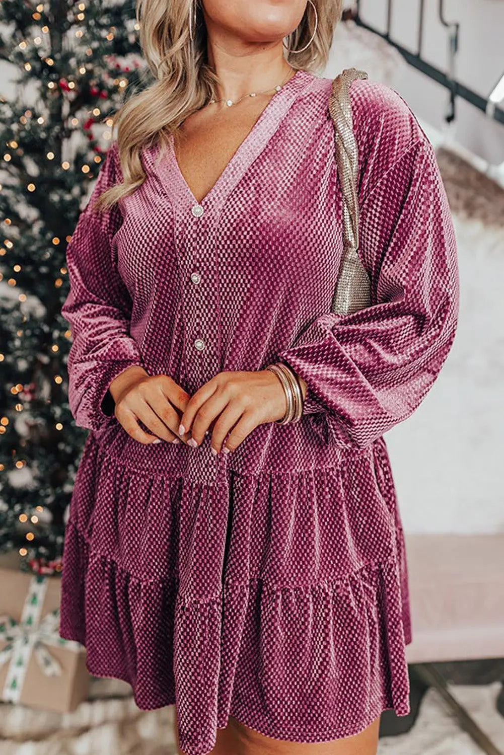 Meadow Mauve Plus Size Textured Velvet Tiered Button V Neck Dress Beagle Boutique Fashion Outlet