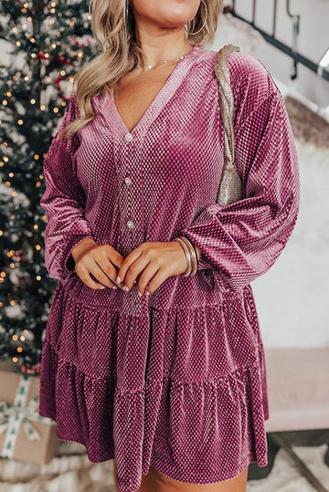 Meadow Mauve Plus Size Textured Velvet Tiered Button V Neck Dress Beagle Boutique Fashion Outlet