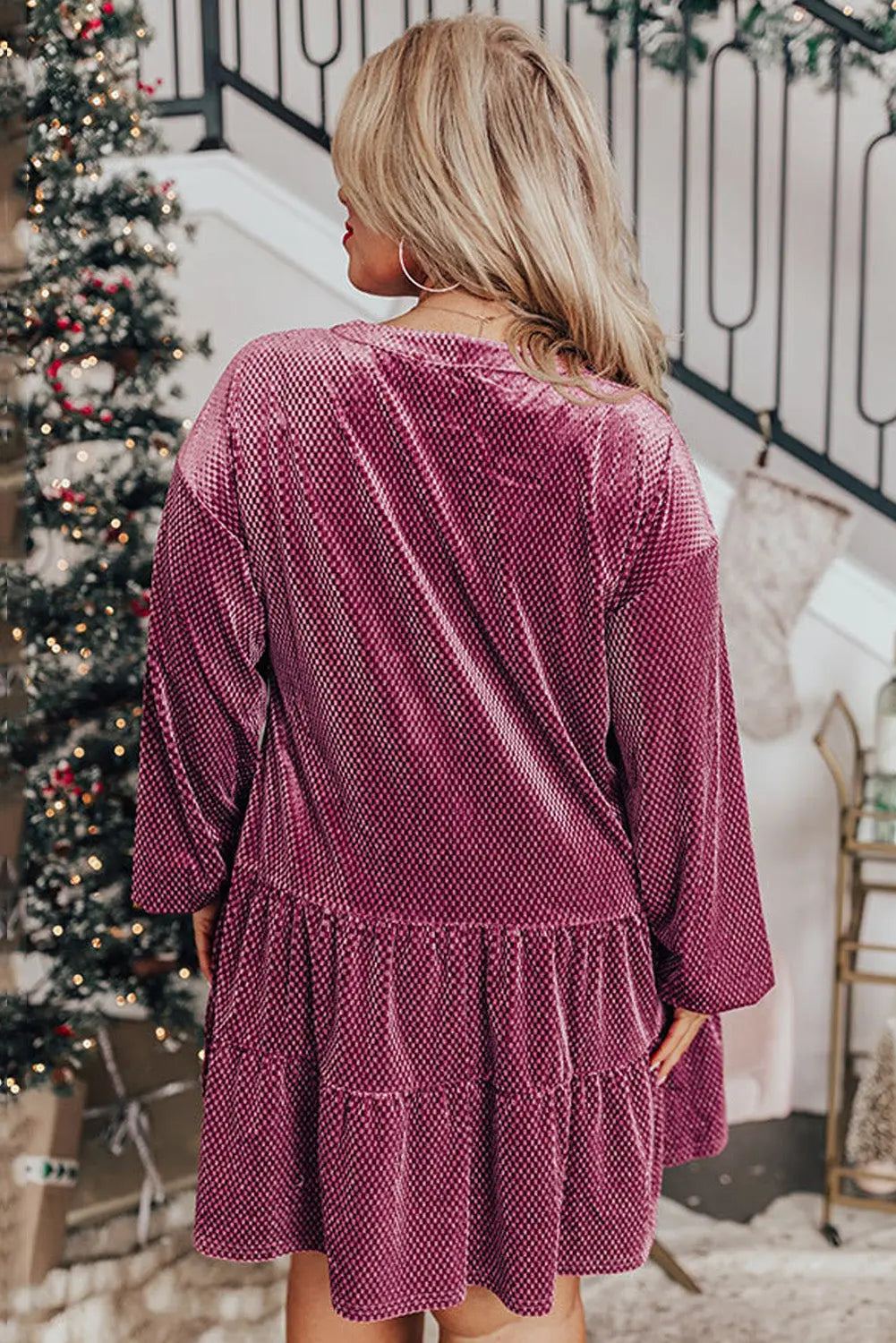 Meadow Mauve Plus Size Textured Velvet Tiered Button V Neck Dress Beagle Boutique Fashion Outlet