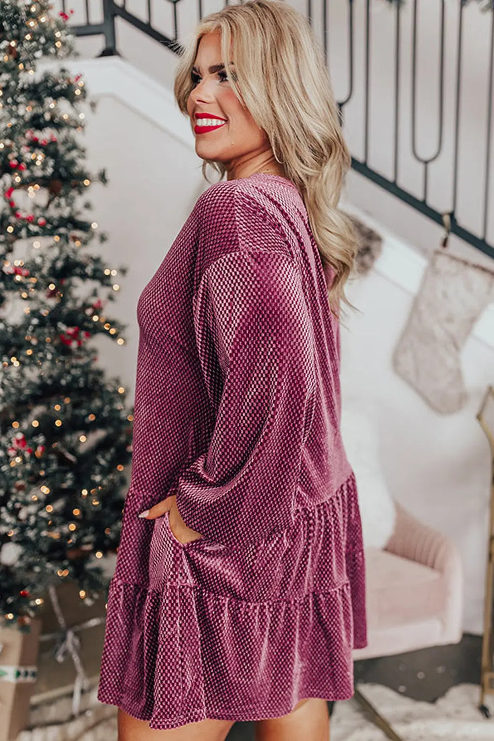 Meadow Mauve Plus Size Textured Velvet Tiered Button V Neck Dress Beagle Boutique Fashion Outlet