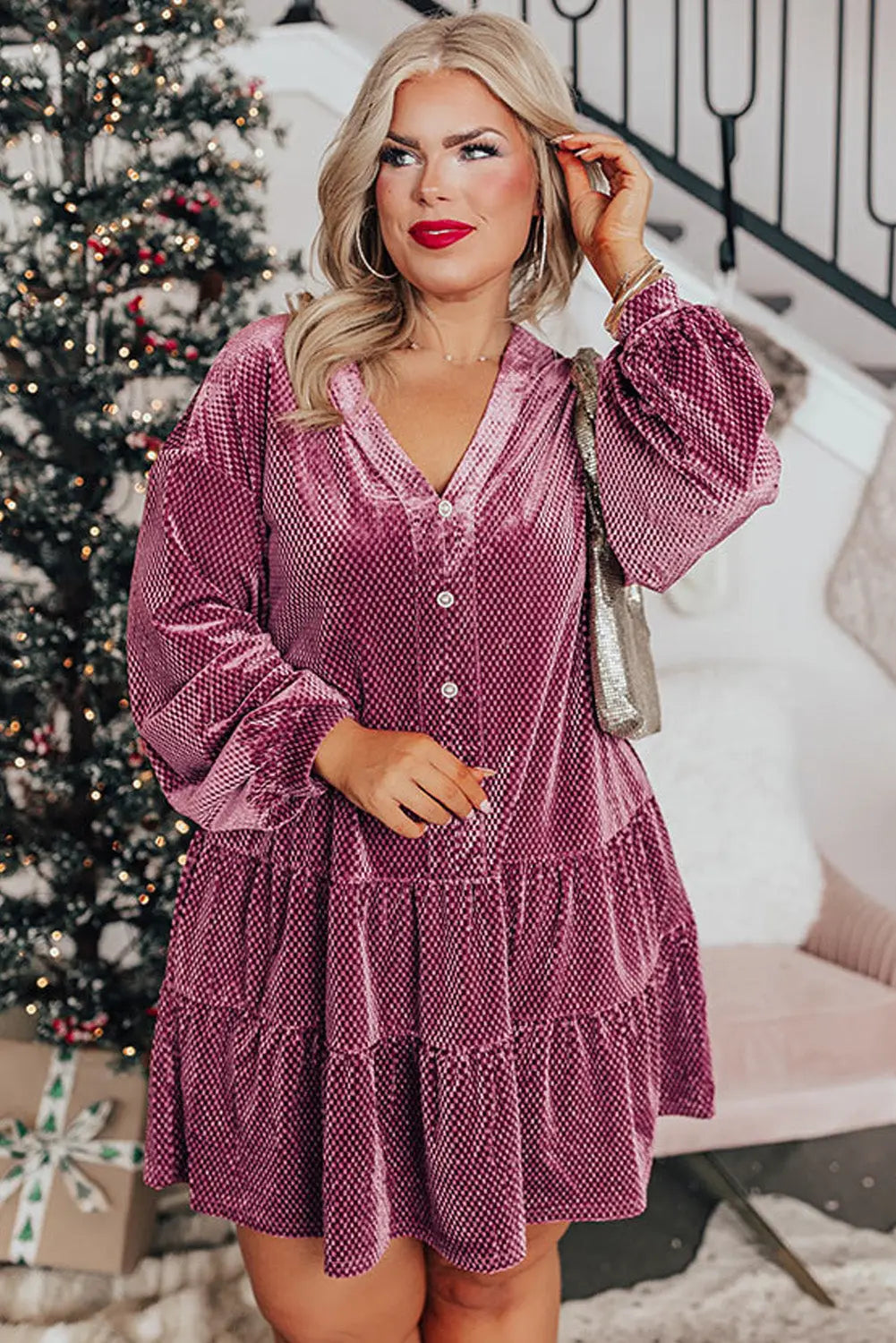 Meadow Mauve Plus Size Textured Velvet Tiered Button V Neck Dress Beagle Boutique Fashion Outlet