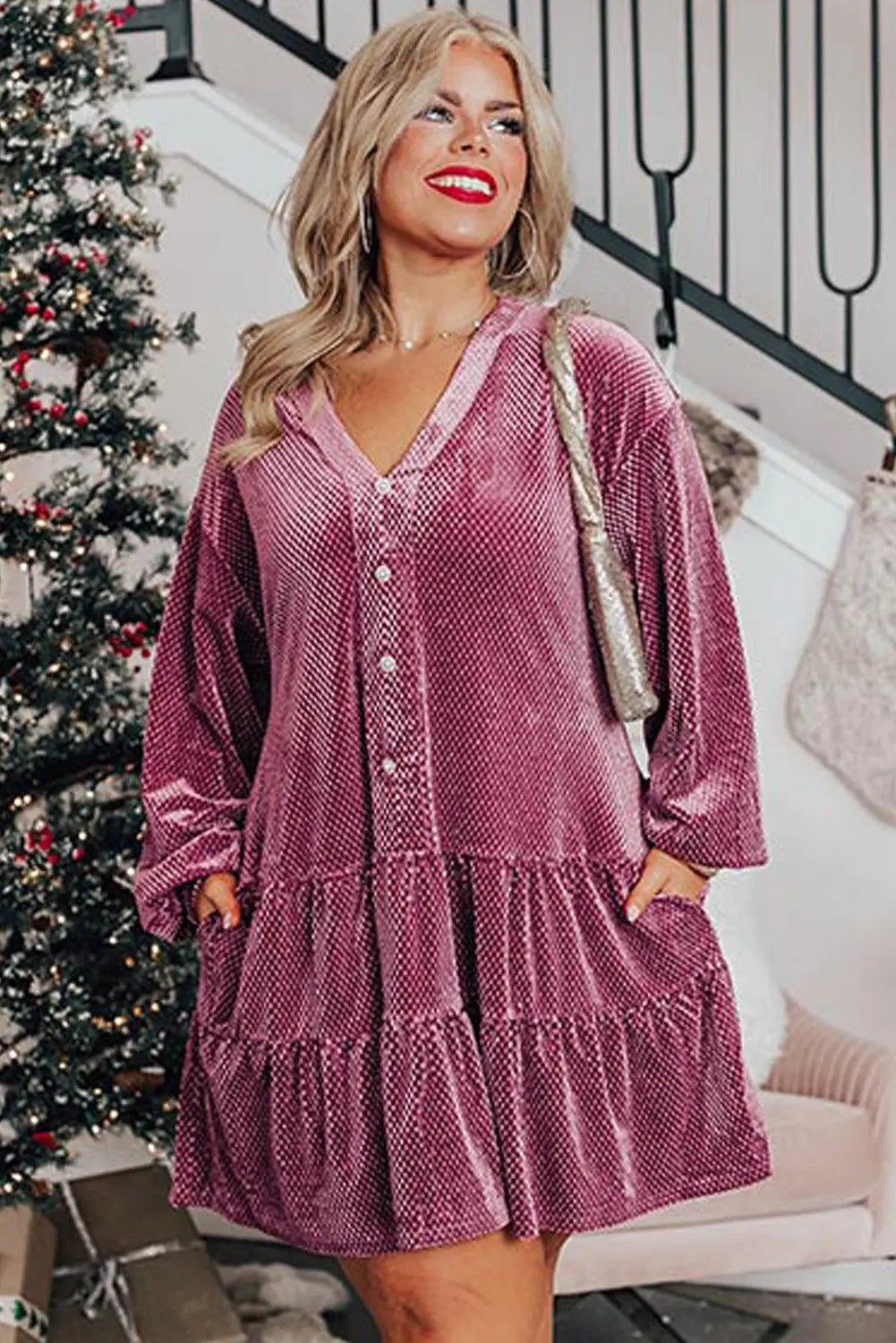 Meadow Mauve Plus Size Textured Velvet Tiered Button V Neck Dress Beagle Boutique Fashion Outlet
