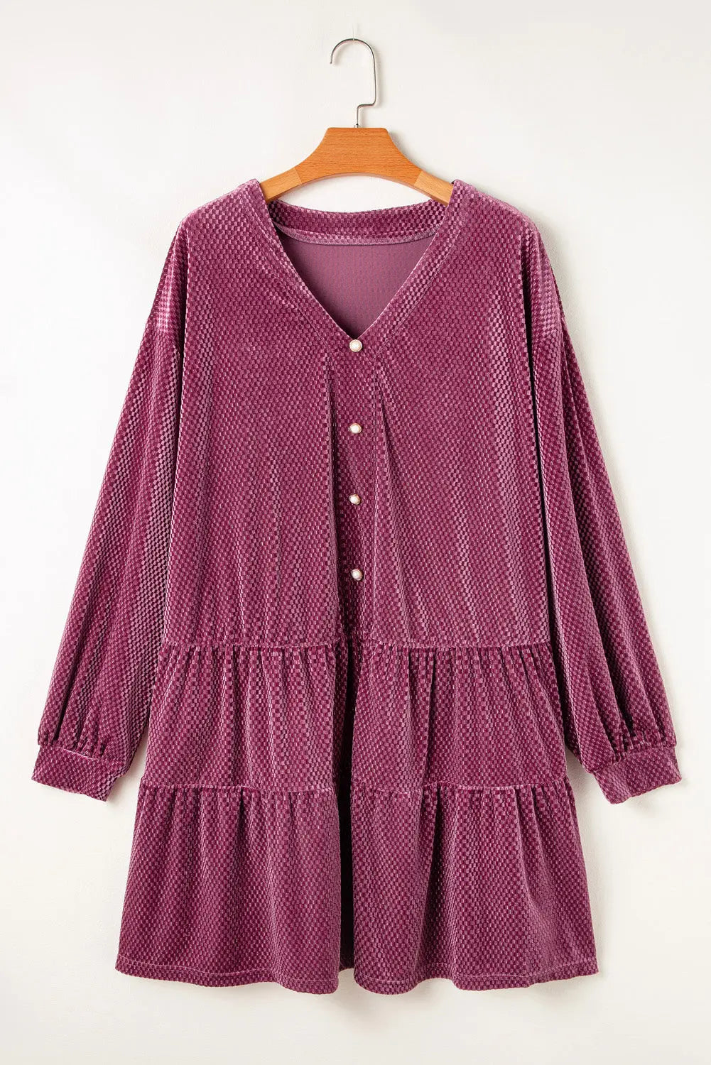 Meadow Mauve Plus Size Textured Velvet Tiered Button V Neck Dress Beagle Boutique Fashion Outlet