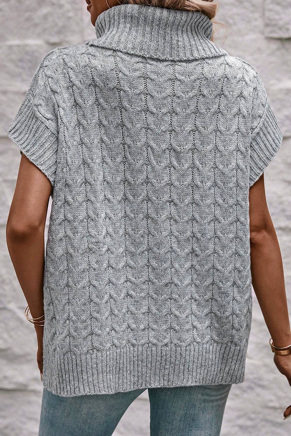 Medium Grey Cable Knit Turtleneck Batwing Sleeve Sweater - eAura