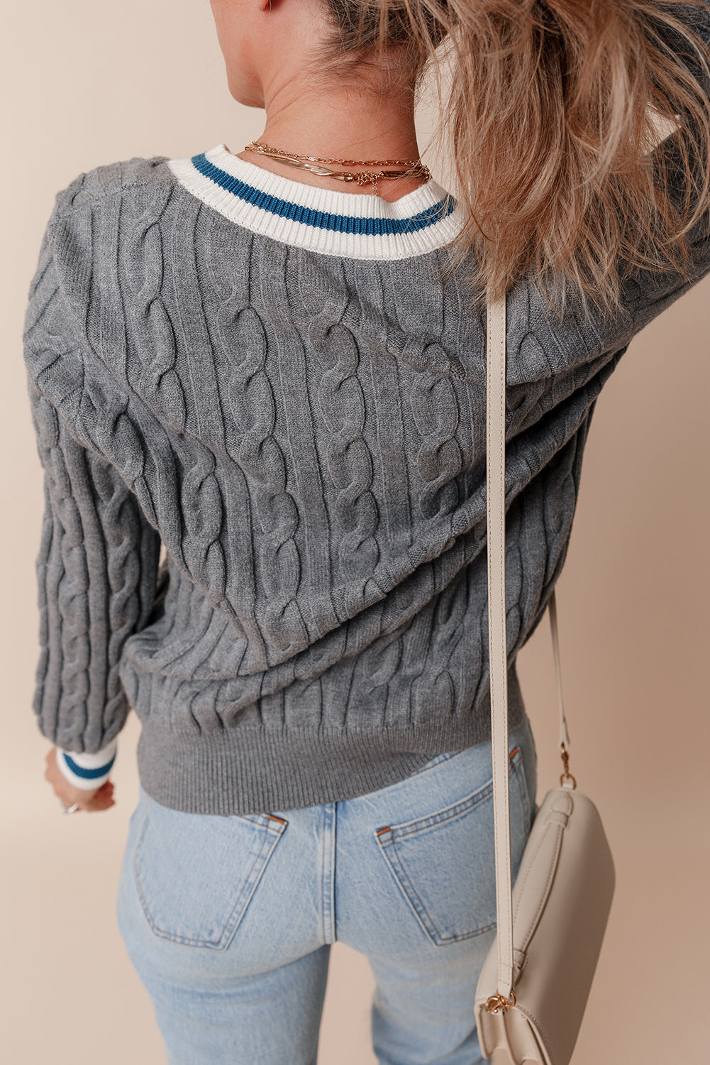 Medium Grey Colour Contrast Ribbed Edge Cable Knit V Neck Sweater - eAura