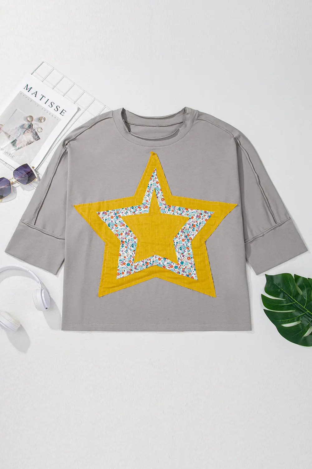 Medium Grey Floral Star Patched Pattern 3/4 Sleeve Plus Size Top Beagle Boutique Fashion Outlet