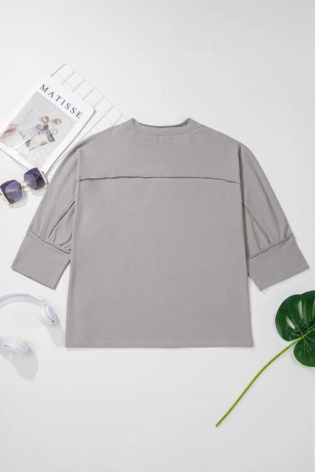 Medium Grey Floral Star Patched Pattern 3/4 Sleeve Plus Size Top Beagle Boutique Fashion Outlet
