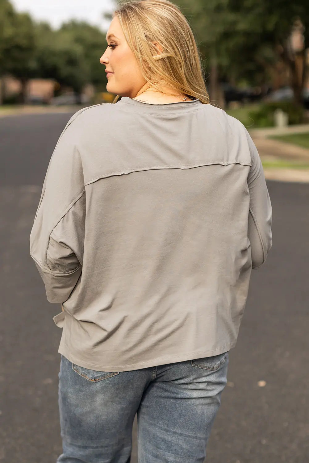 Medium Grey Floral Star Patched Pattern 3/4 Sleeve Plus Size Top Beagle Boutique Fashion Outlet