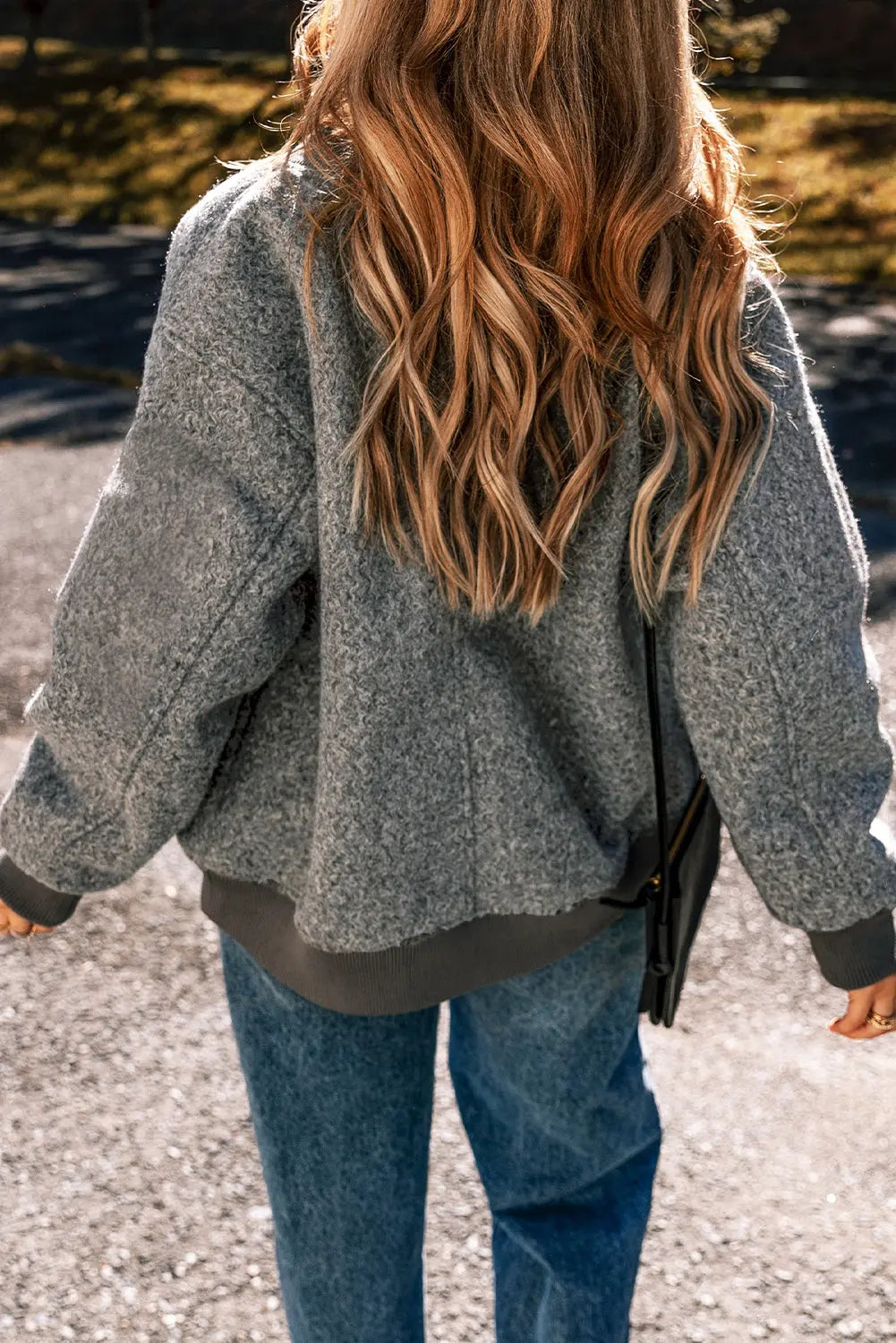 Medium Grey Fuzzy Zip Up Pocketed Sleeve Jacket Beagle Boutique Fashion Outlet