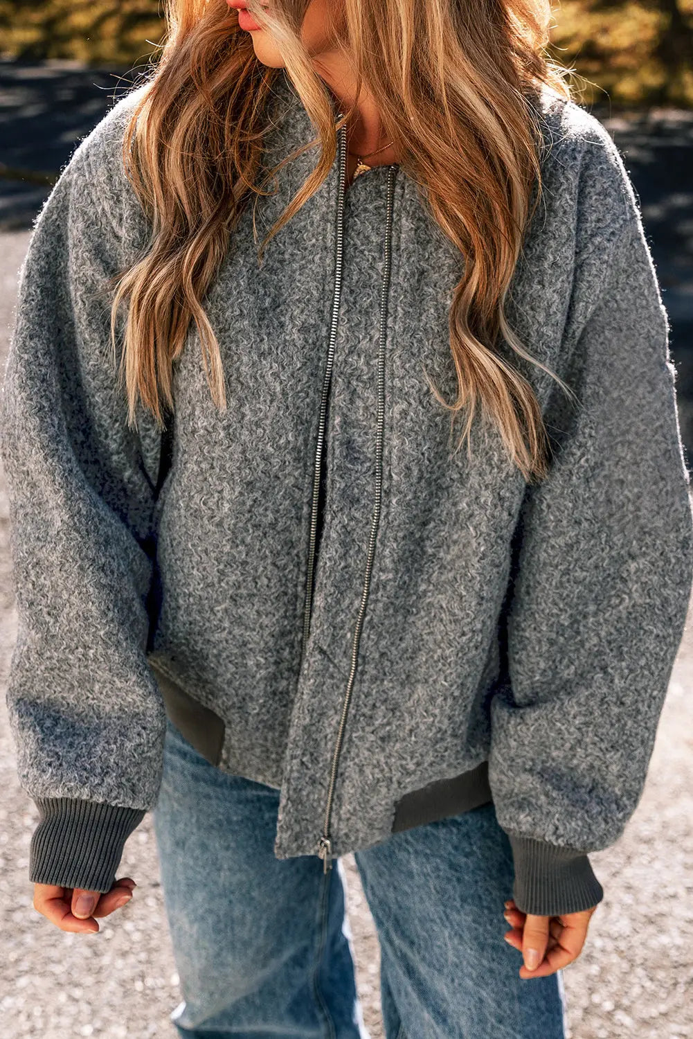 Medium Grey Fuzzy Zip Up Pocketed Sleeve Jacket Beagle Boutique Fashion Outlet