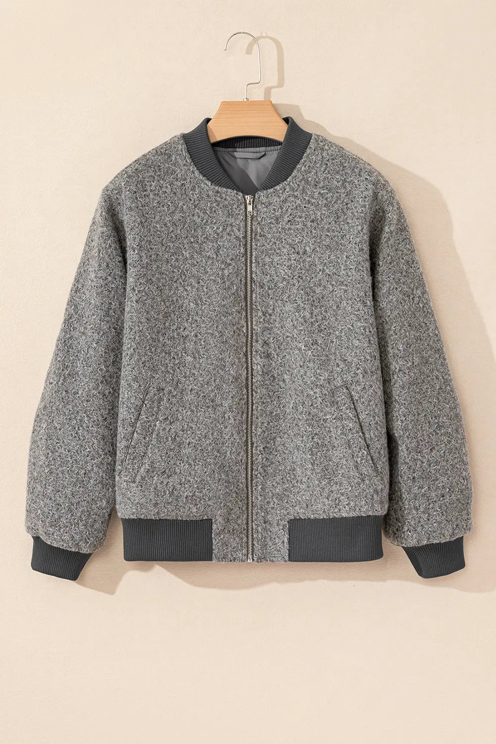 Medium Grey Fuzzy Zip Up Pocketed Sleeve Jacket Beagle Boutique Fashion Outlet