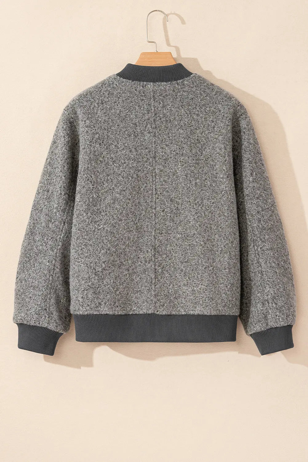Medium Grey Fuzzy Zip Up Pocketed Sleeve Jacket Beagle Boutique Fashion Outlet
