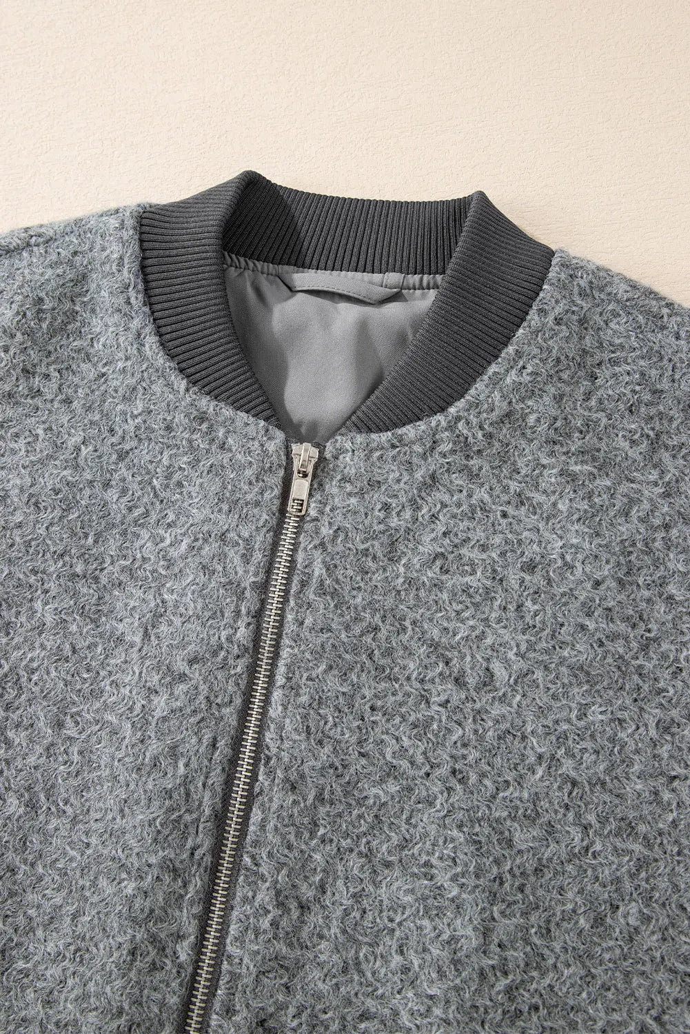 Medium Grey Fuzzy Zip Up Pocketed Sleeve Jacket Beagle Boutique Fashion Outlet