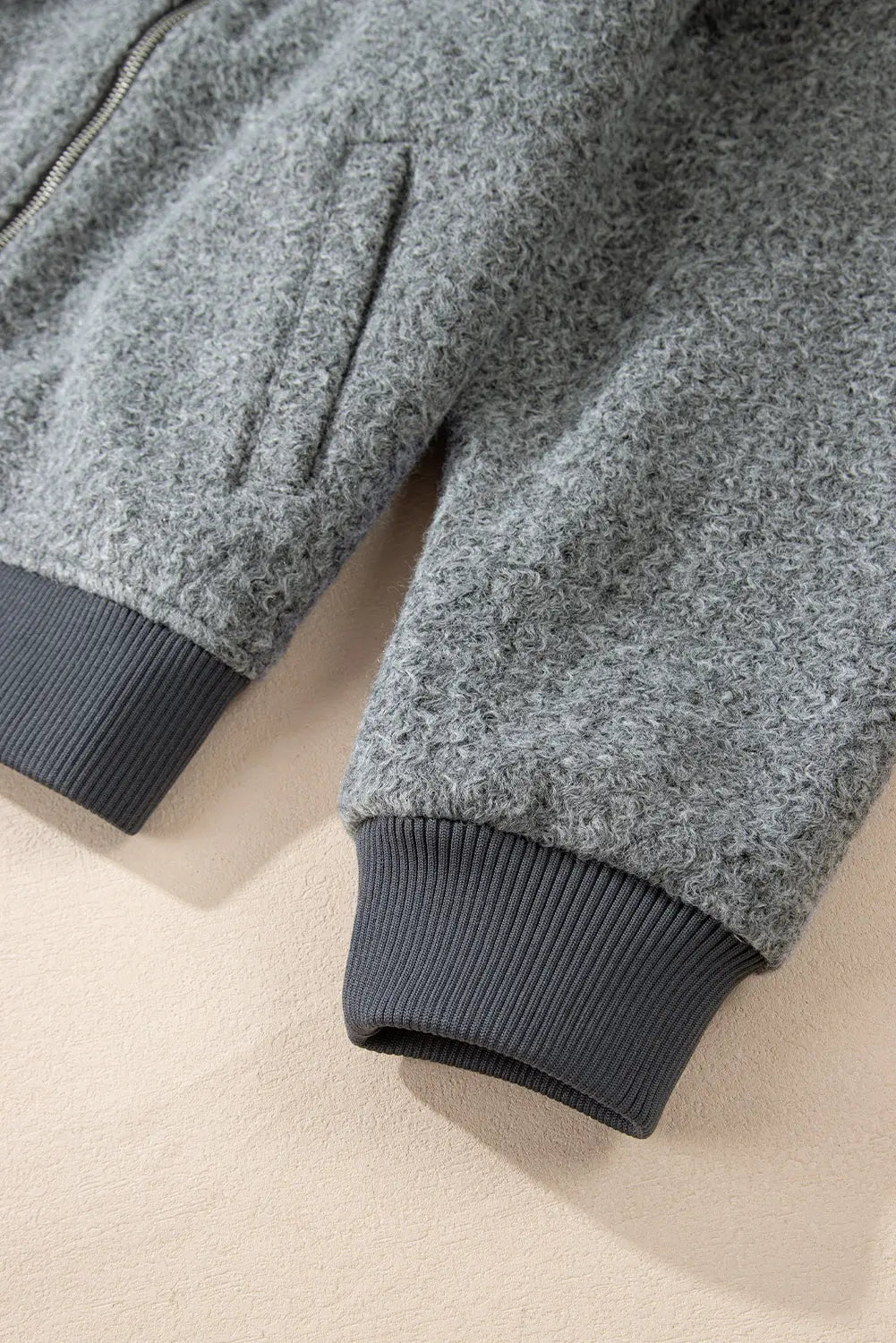 Medium Grey Fuzzy Zip Up Pocketed Sleeve Jacket Beagle Boutique Fashion Outlet