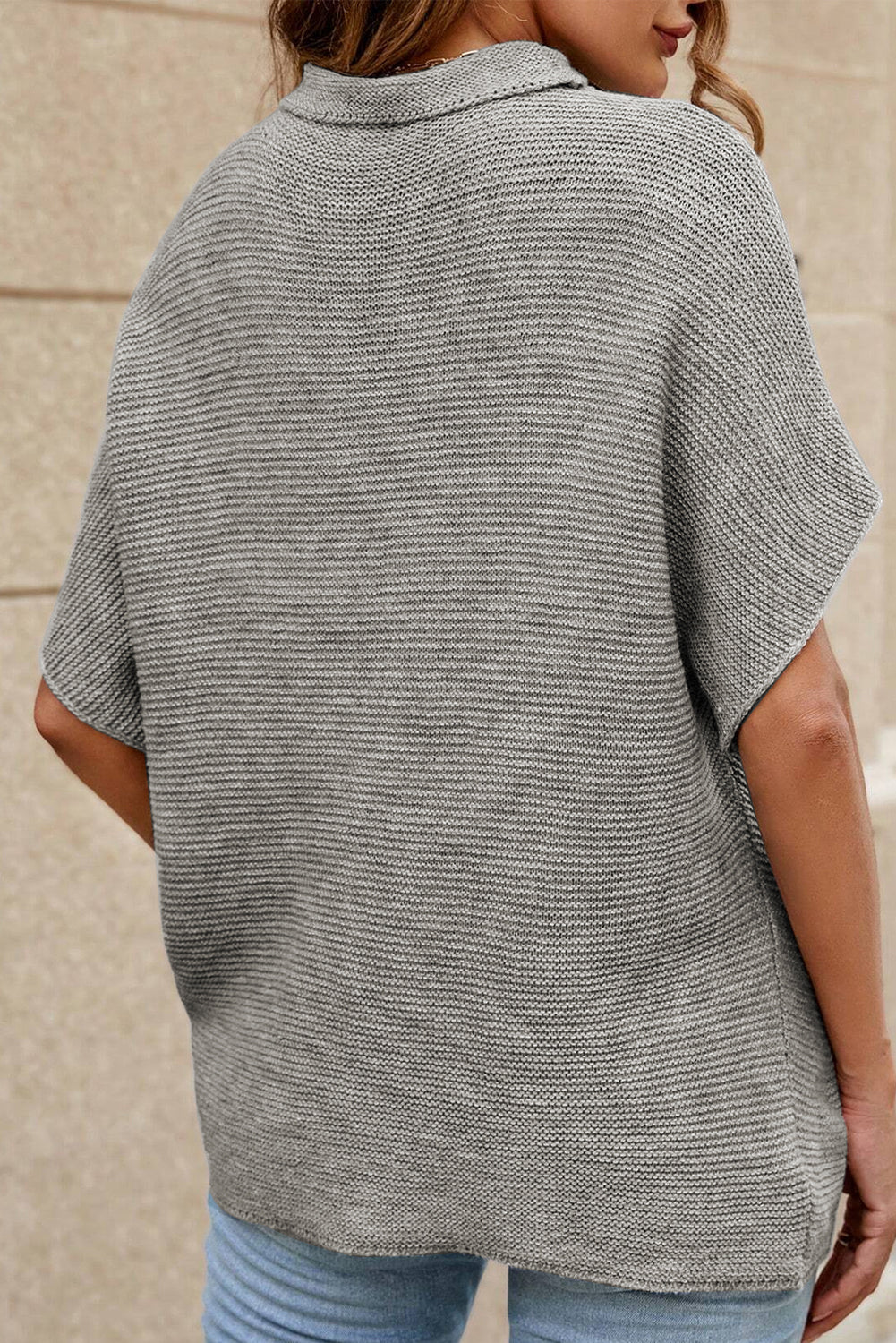 Medium Grey High Neck Short Bat Sleeve Sweater - eAura