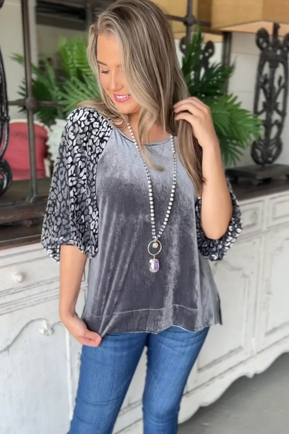 Medium Grey Leopard Splicing Lantern Sleeve Velvet Blouse - eAura
