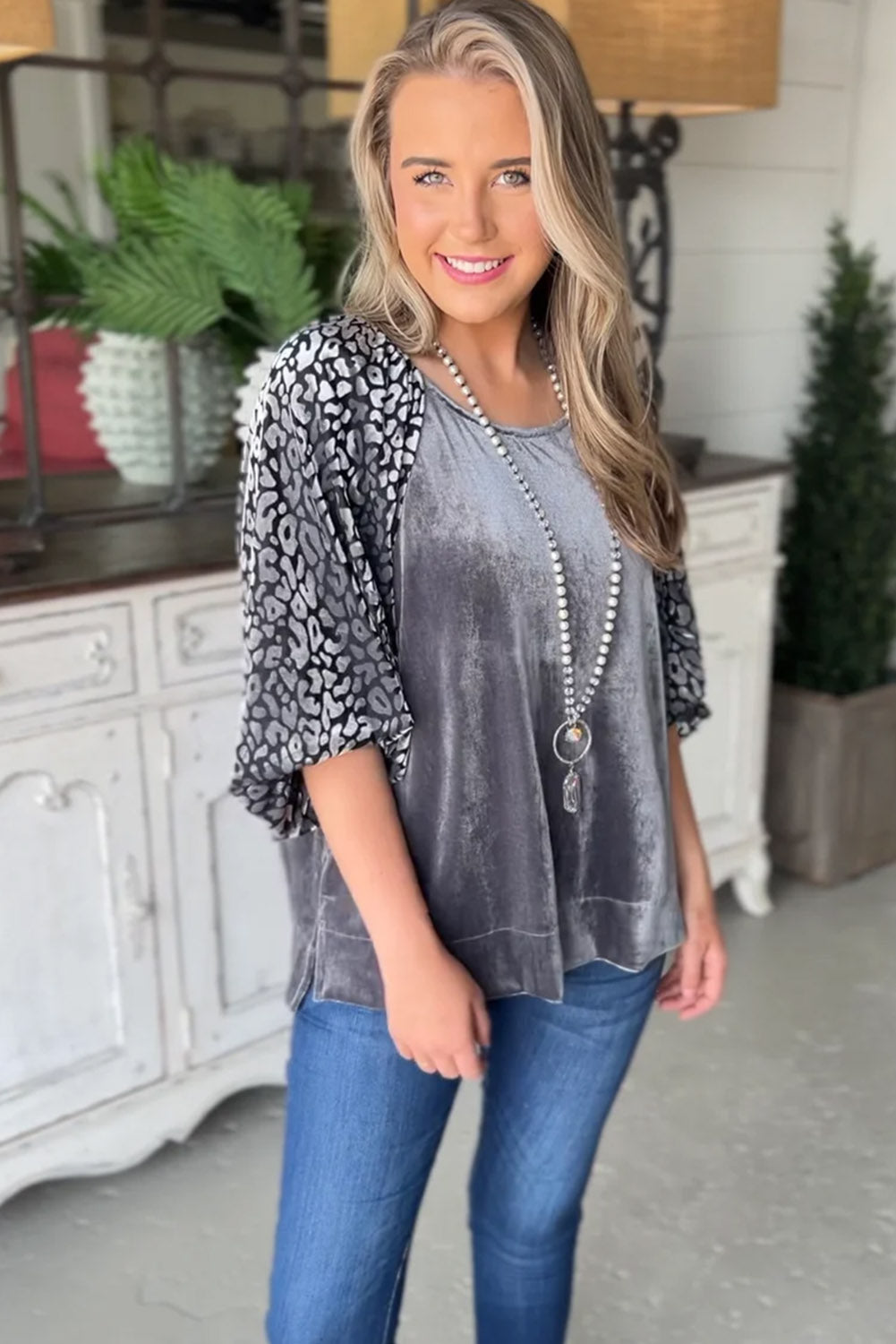 Medium Grey Leopard Splicing Lantern Sleeve Velvet Blouse - eAura