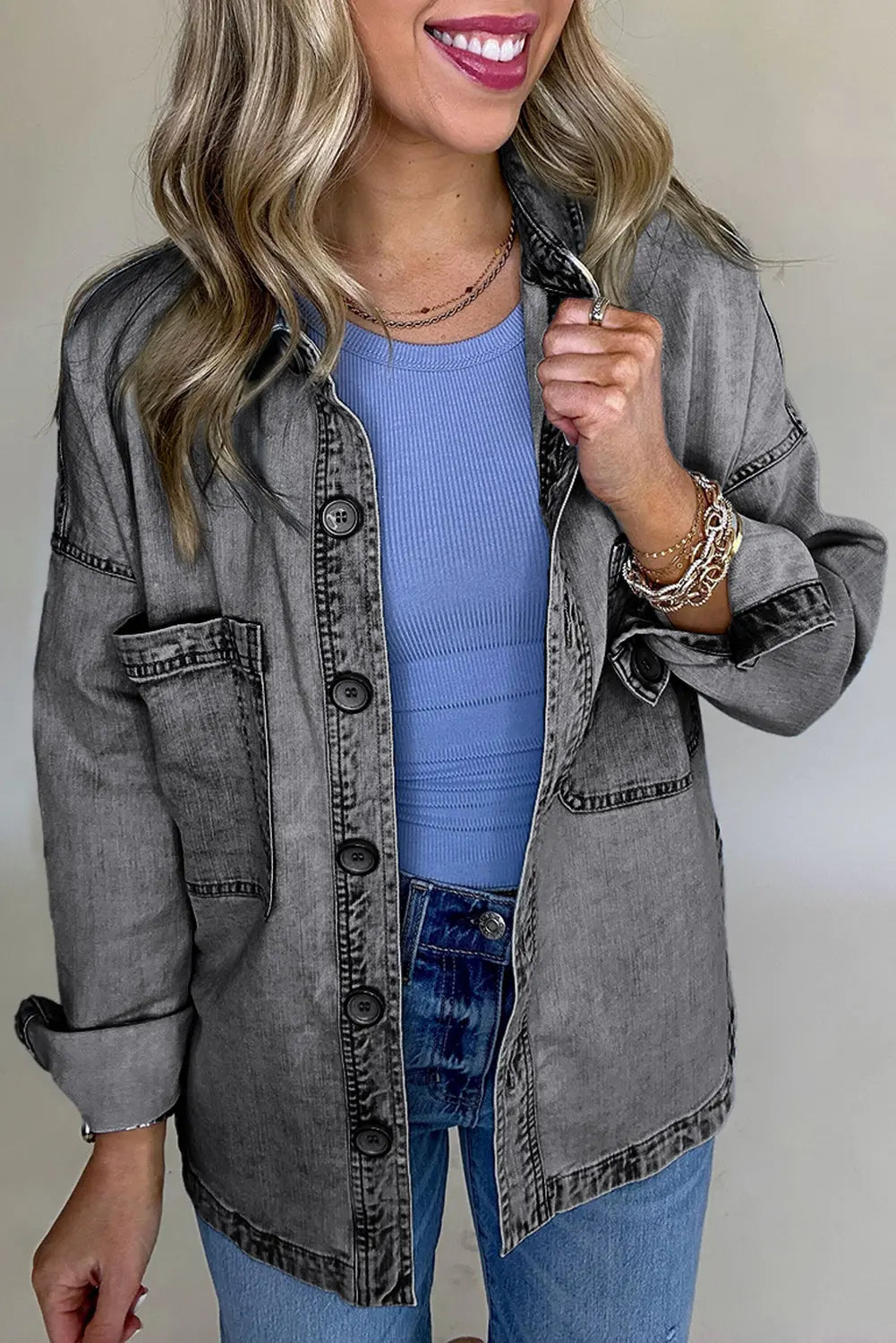 Medium Grey Mineral Wash Patched Pocket Split Denim Jacket - eAura