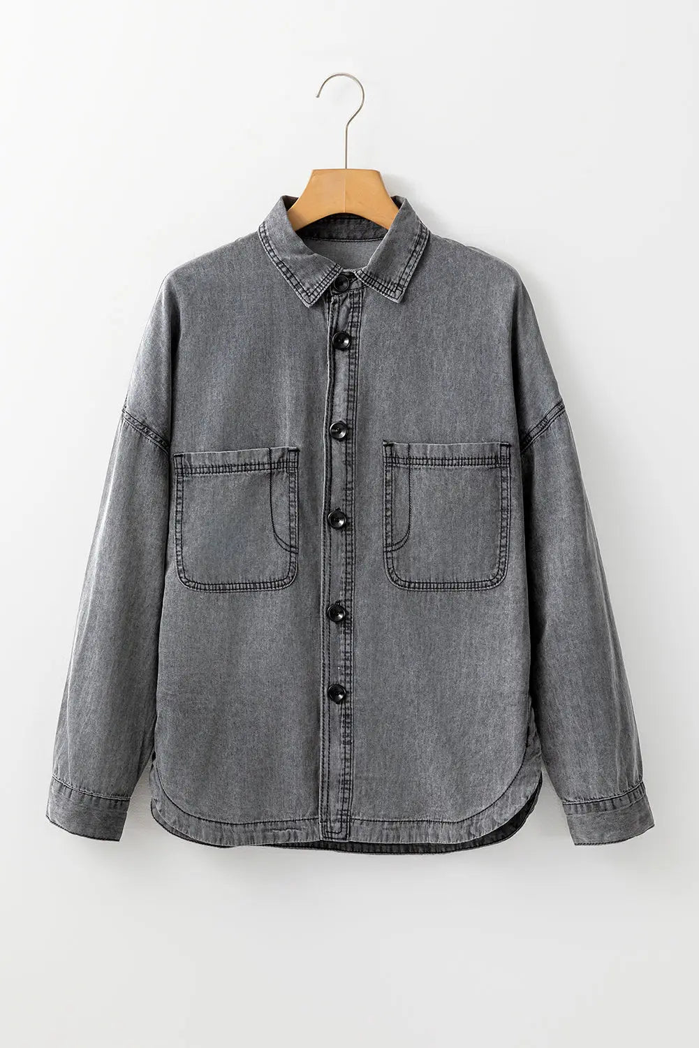 Medium Grey Mineral Wash Patched Pocket Split Denim Jacket - eAura