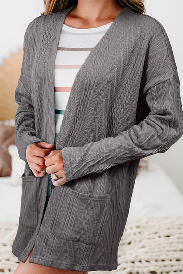 Medium Grey  Solid Textured Open Front Cardigan with Pocket - eAura
