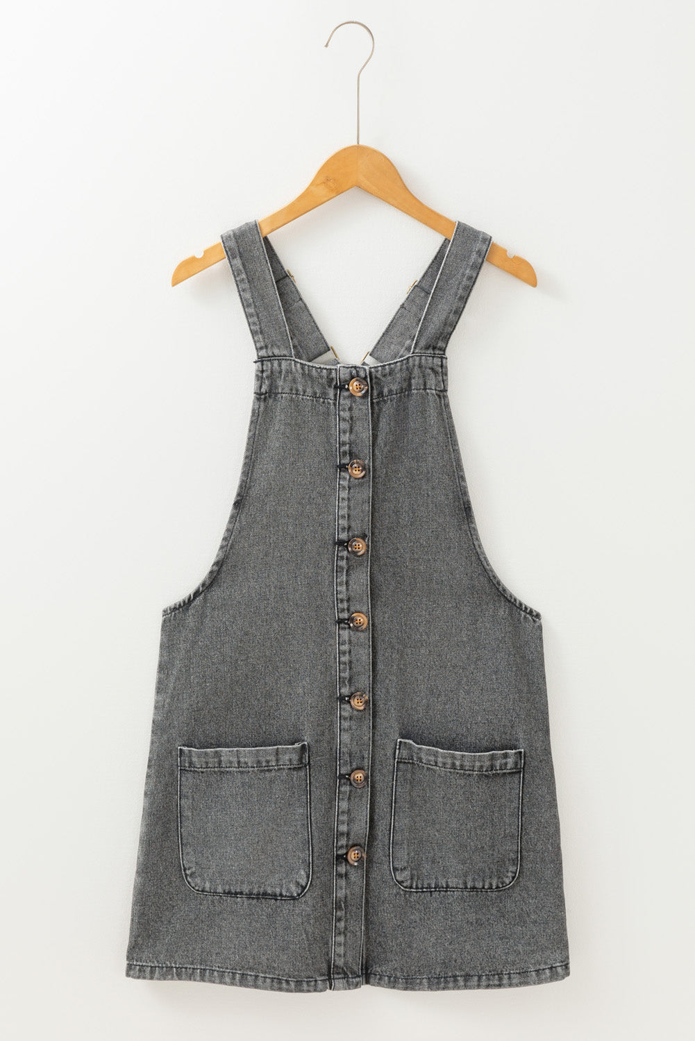 Medium Grey Wide Strap Button Front Pocketed Denim Mini Dress - eAura