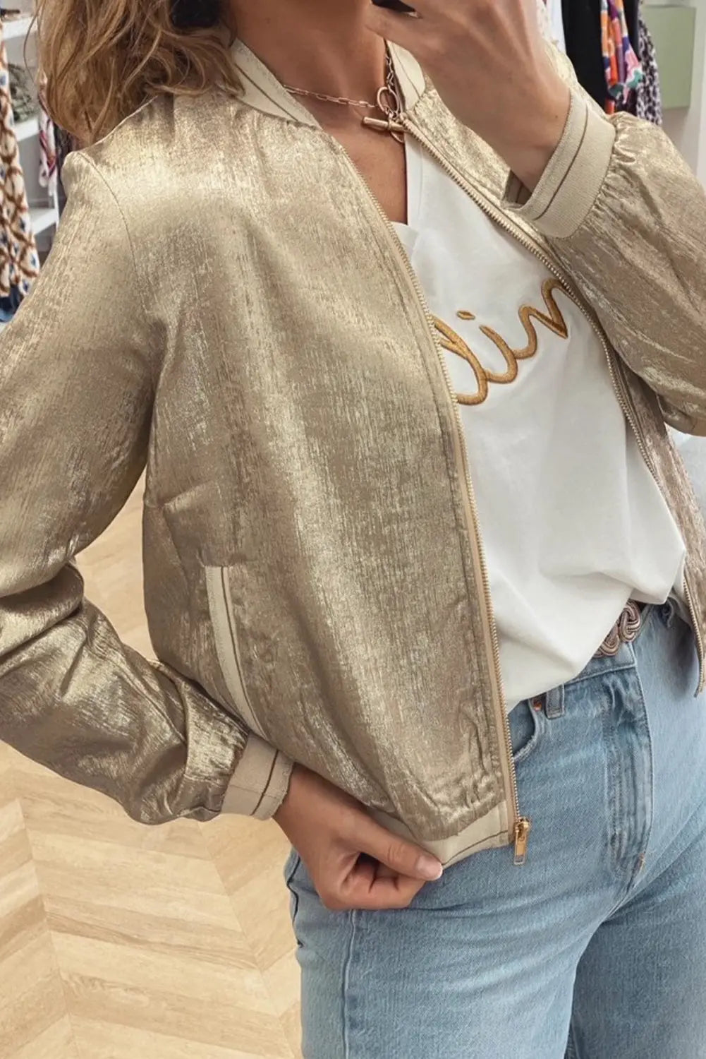 Metallic Zip up Baseball Jacket Beagle Boutique Fashion Outlet