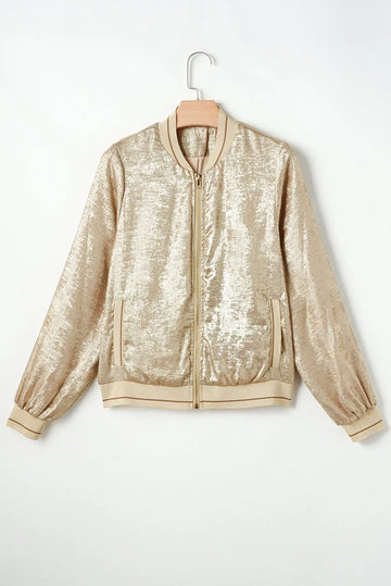 Pale Khaki Metallic Zip up Baseball Jacket - Outerwear/Jackets