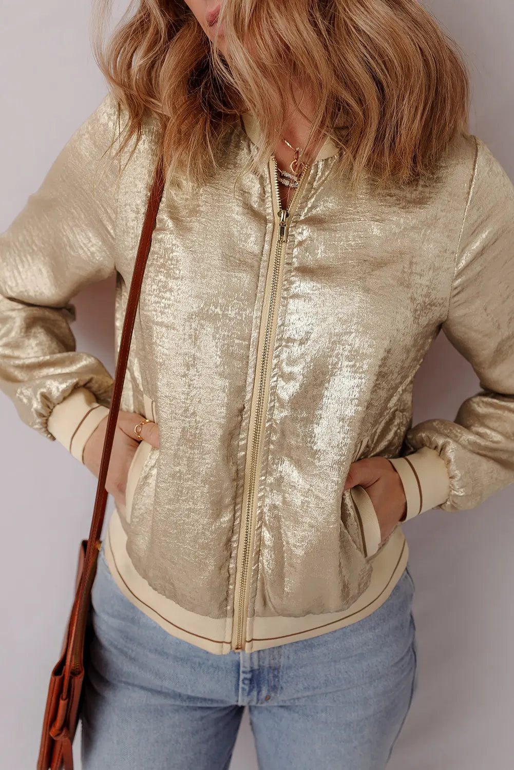 Metallic Zip up Baseball Jacket Beagle Boutique Fashion Outlet