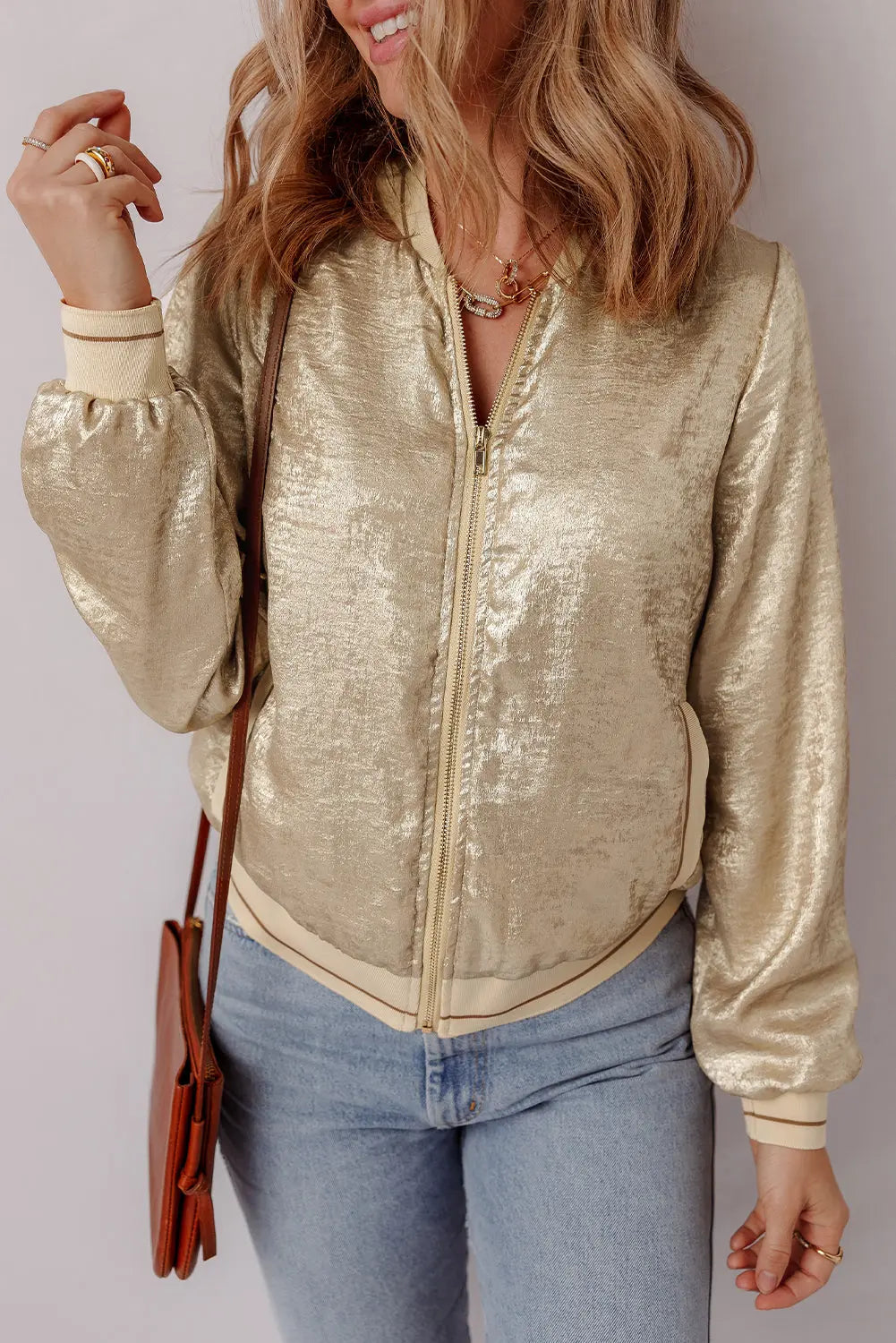 Metallic Zip up Baseball Jacket Beagle Boutique Fashion Outlet