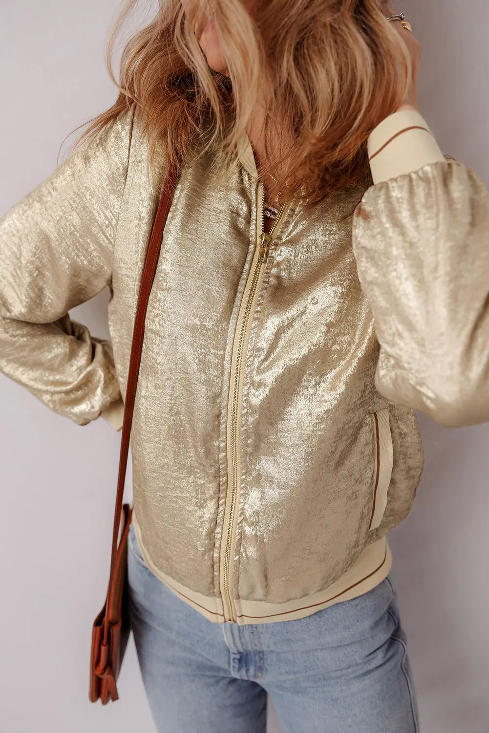 Metallic Zip up Baseball Jacket Beagle Boutique Fashion Outlet