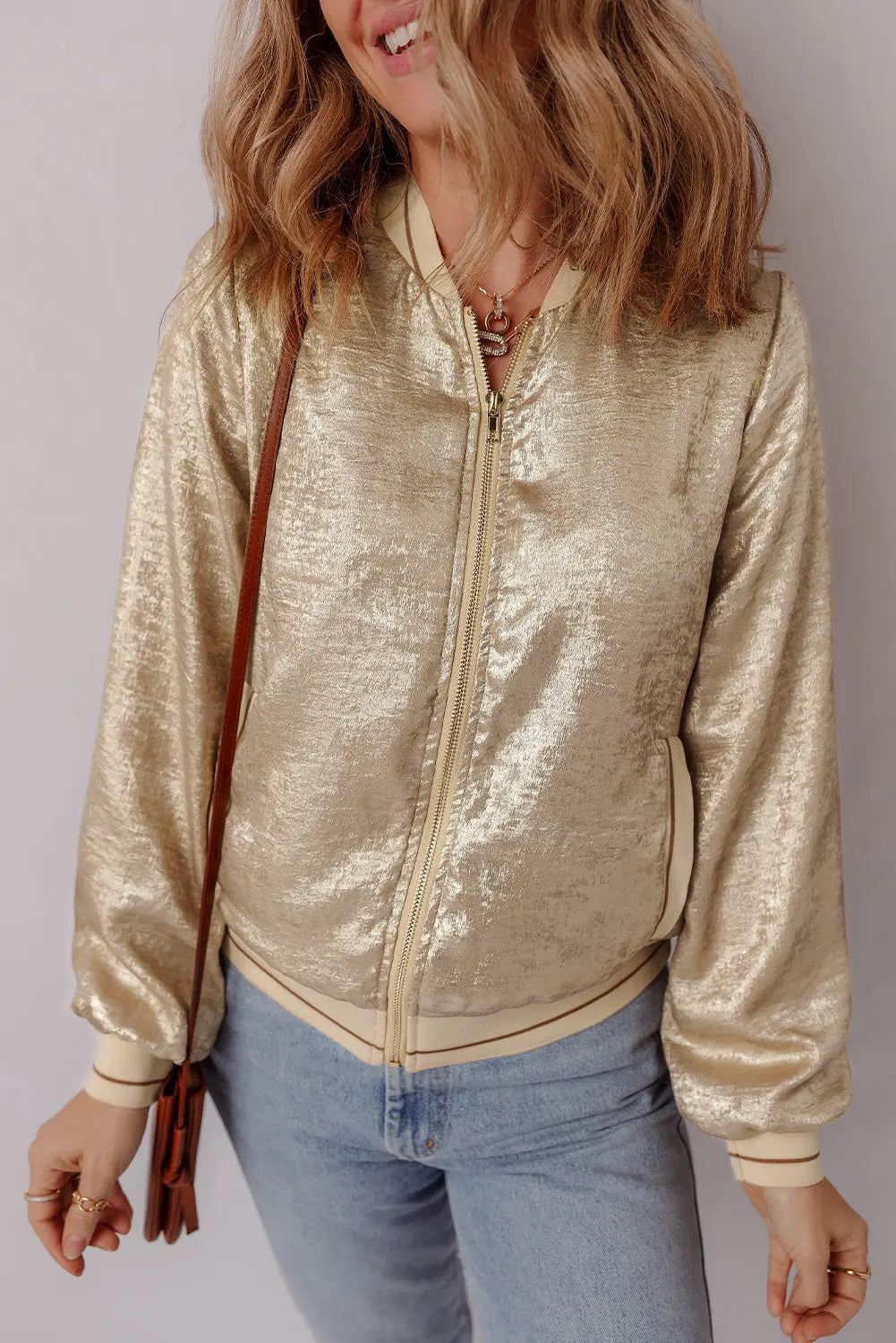 Metallic Zip up Baseball Jacket Beagle Boutique Fashion Outlet