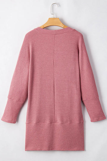 Mineral Red Solid Colour Waffle Knit Cardigan with Pocket - BB Fashion Outlet